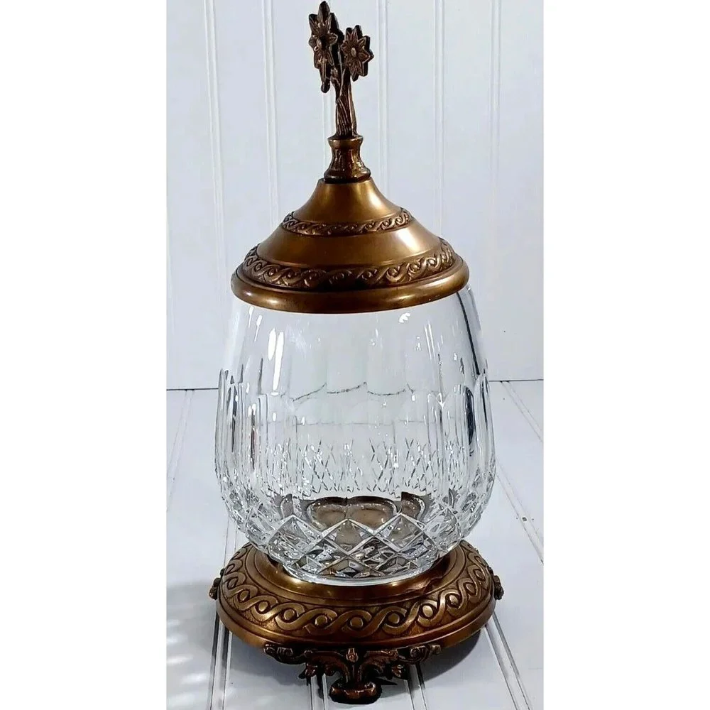 CASTILIAN  LEAD CUT CRYSTAL BRONZE PEDESTAL CANDLE LAMP CENTERPIECE BOWL VASE - Picture 5 of 11